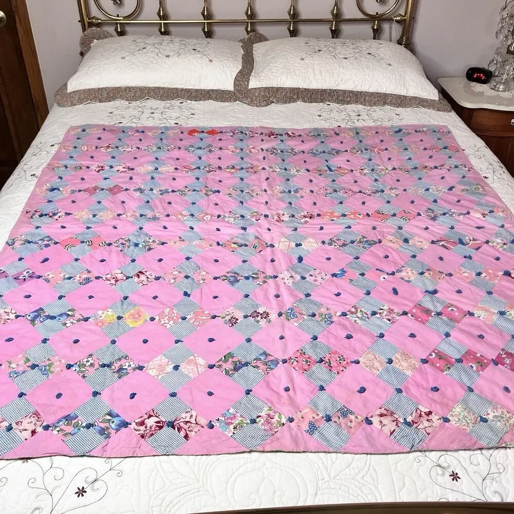 Vtg Handmade Baby Crib Quilt Blanket 48x48" Scrap Pink 4-Square Cotton Patchwork - Picture 2 of 9